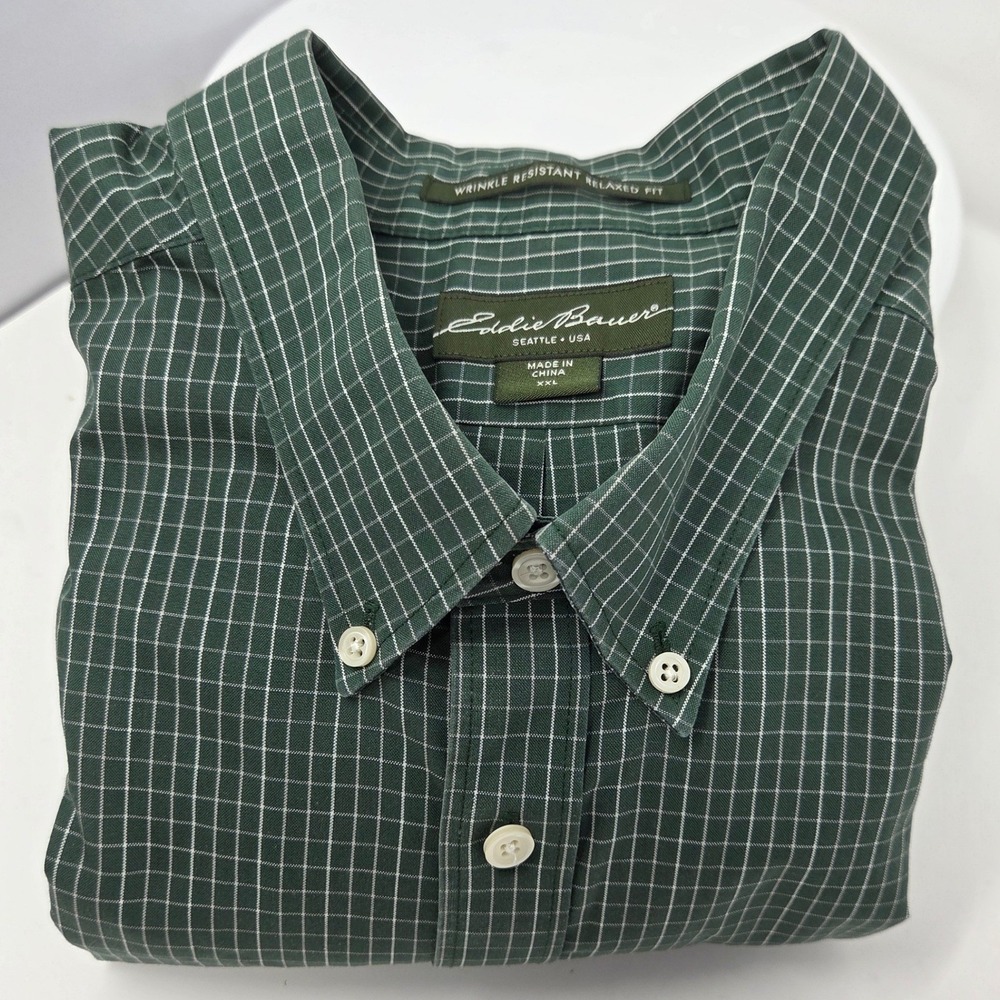Eddie Bauer Shirt Mens XXL Relaxed Fit Green Grid Button Down Wrinkle Resistant
